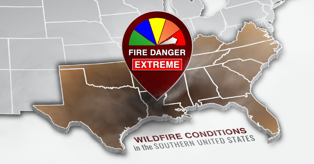 map graphic of the southeastern united states, with an extreme fire danger map pin on the state of Louisiana