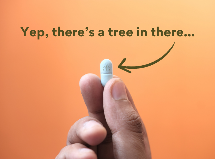 hand holding a single pill, with the message "yep, there's a tree in there.." with an arrow pointing to the pill