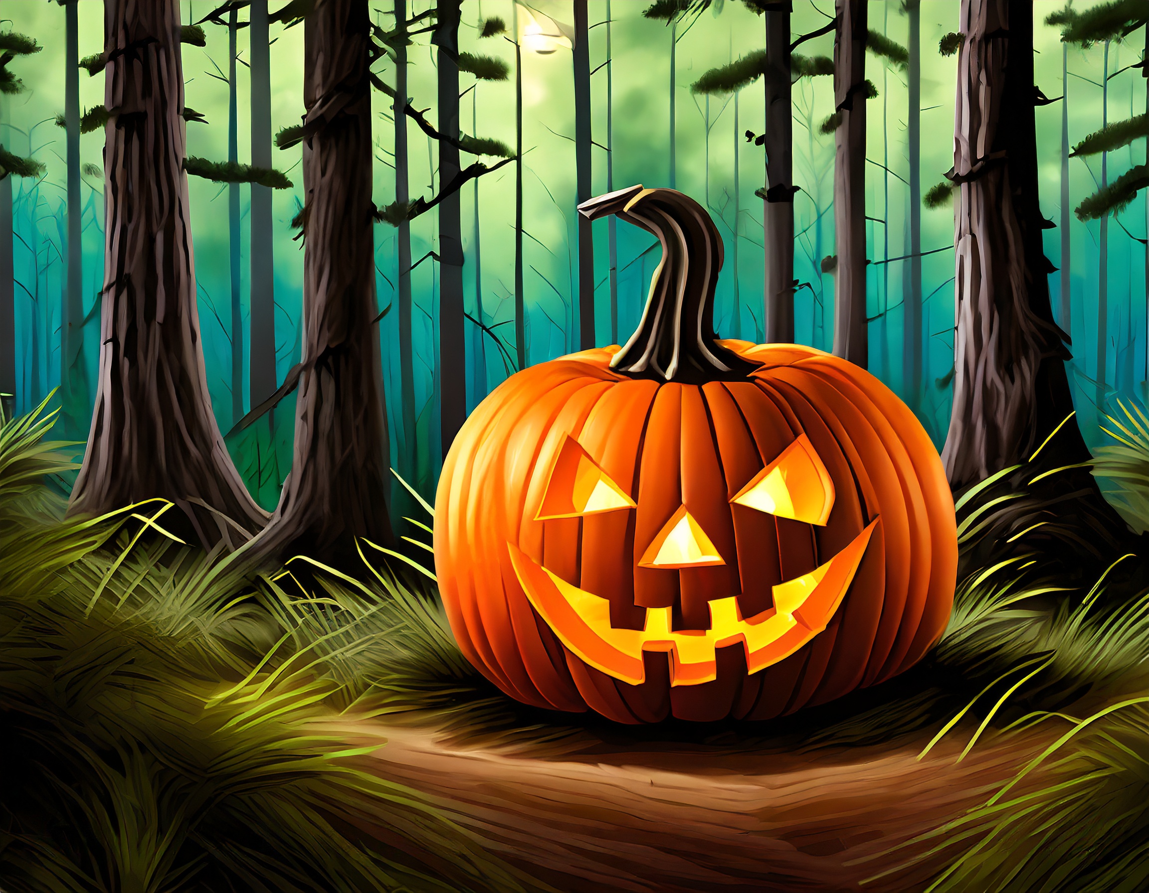 ai generated image, jack-o-lantern in a spooky longleaf pine forest