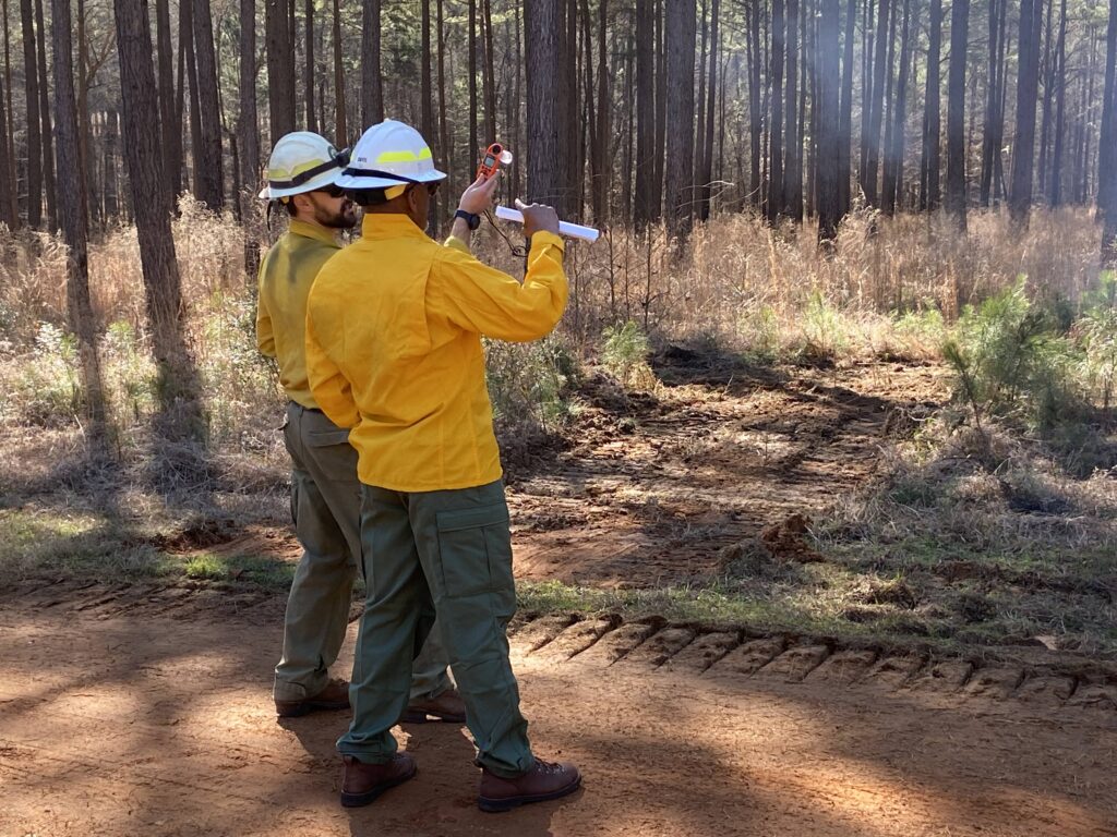 Al Davis and wildland firefighter in PPE monitor a prescribed burn in a texas forest