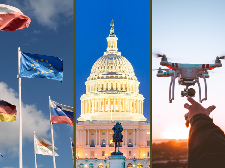 Collage of three photos: European Union Flags, U.S. Capitol, Hand reaching forward toward a drone in flight.