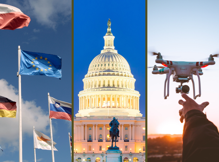 Collage of three photos: European Union Flags, U.S. Capitol, Hand reaching forward toward a drone in flight.