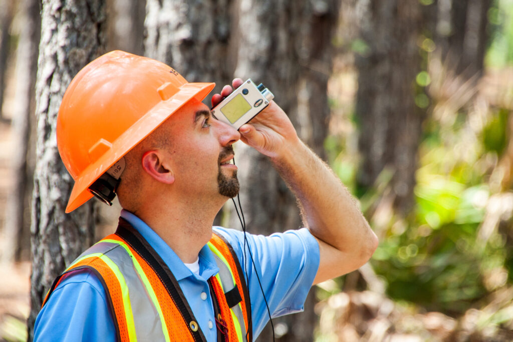A forestry worker wearing an orange hard hat and reflective vest uses a handheld device to take measurements in a pine forest.