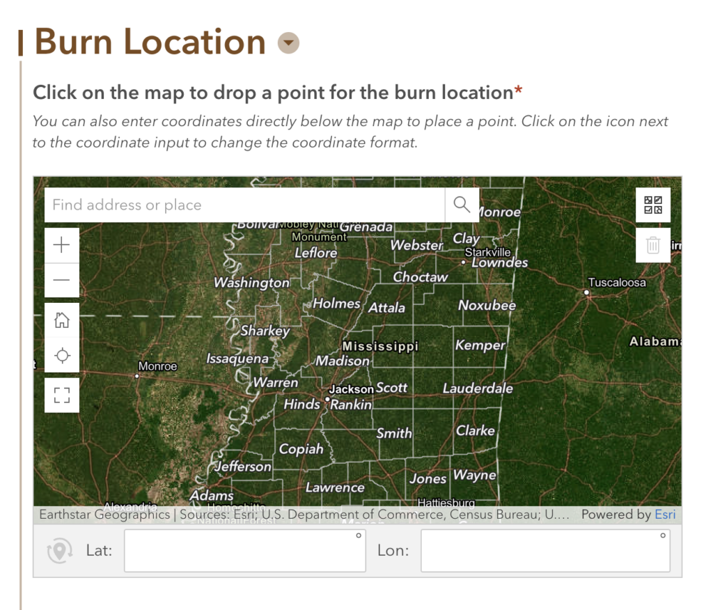 Screenshot of burn permitting application map. 