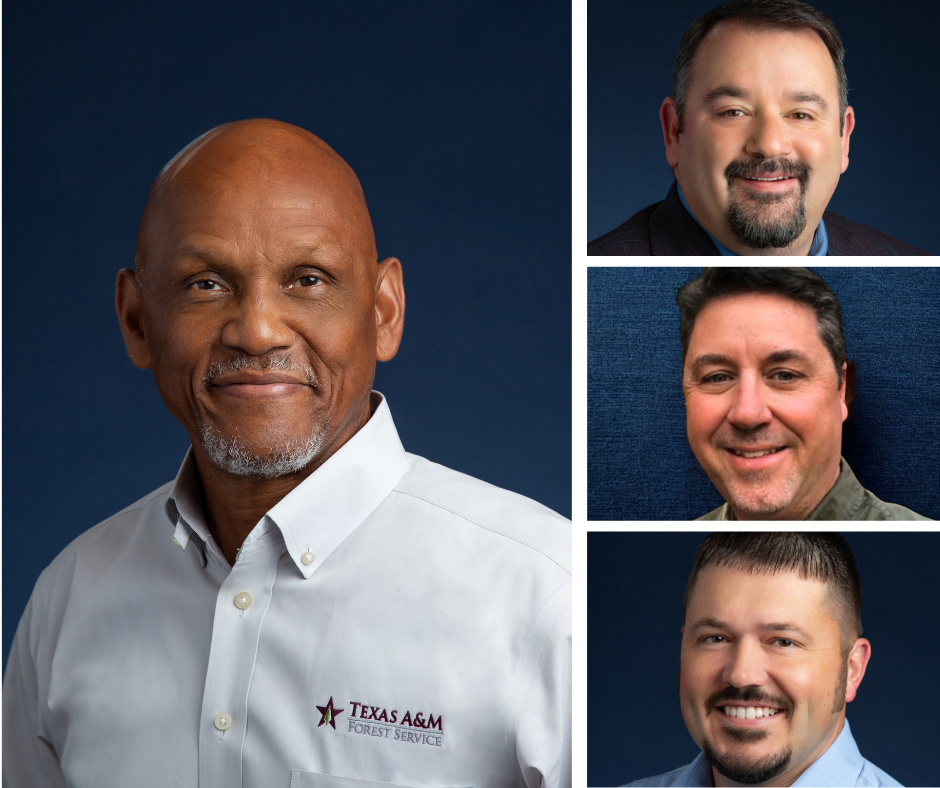 Collage of four headshots featuring the Southern Group of State Foresters’ 2026–27 Executive Committee leadership. Al Davis of the Texas A&M Forest Service is pictured prominently on the left, with three additional committee members pictured vertically on the right.